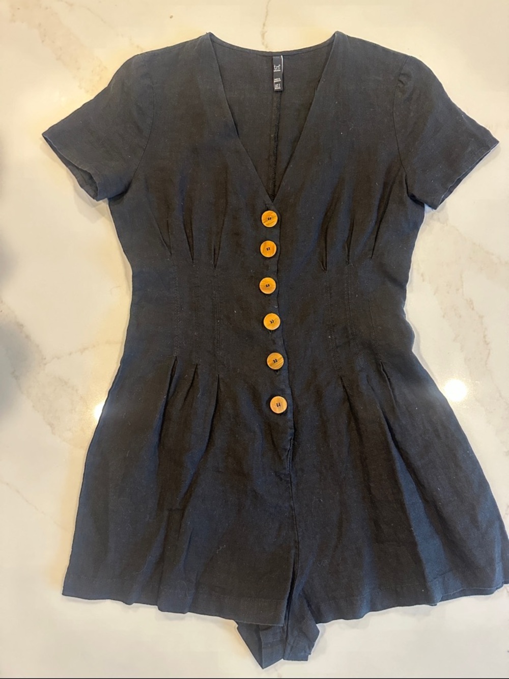 Zara Dark Black linen Short Sleeve Romper with Wooden Buttons Small